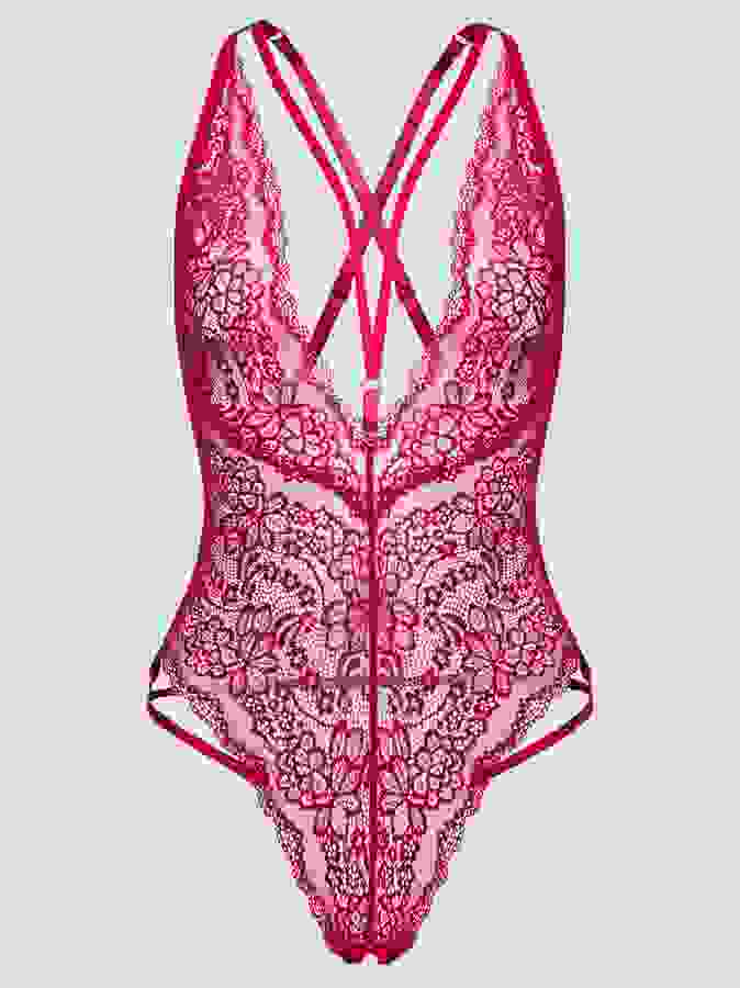 Lovehoney Plus Size Late Night Liaison Wine Crotchless Lace Body, Red, hi-res